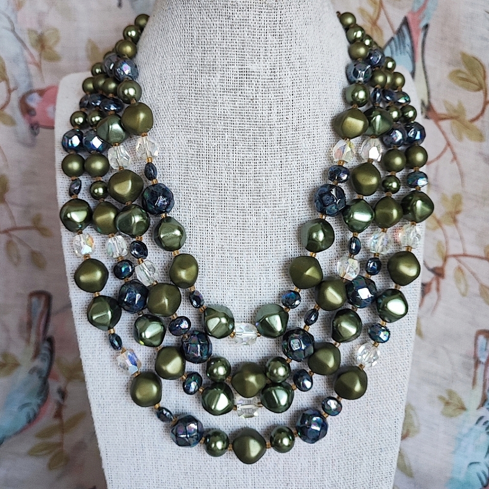 4 Strand Vintage Signed Japan Faux Olive Pearls Glass Oil Slick Clear Necklace - Picture 2 of 11